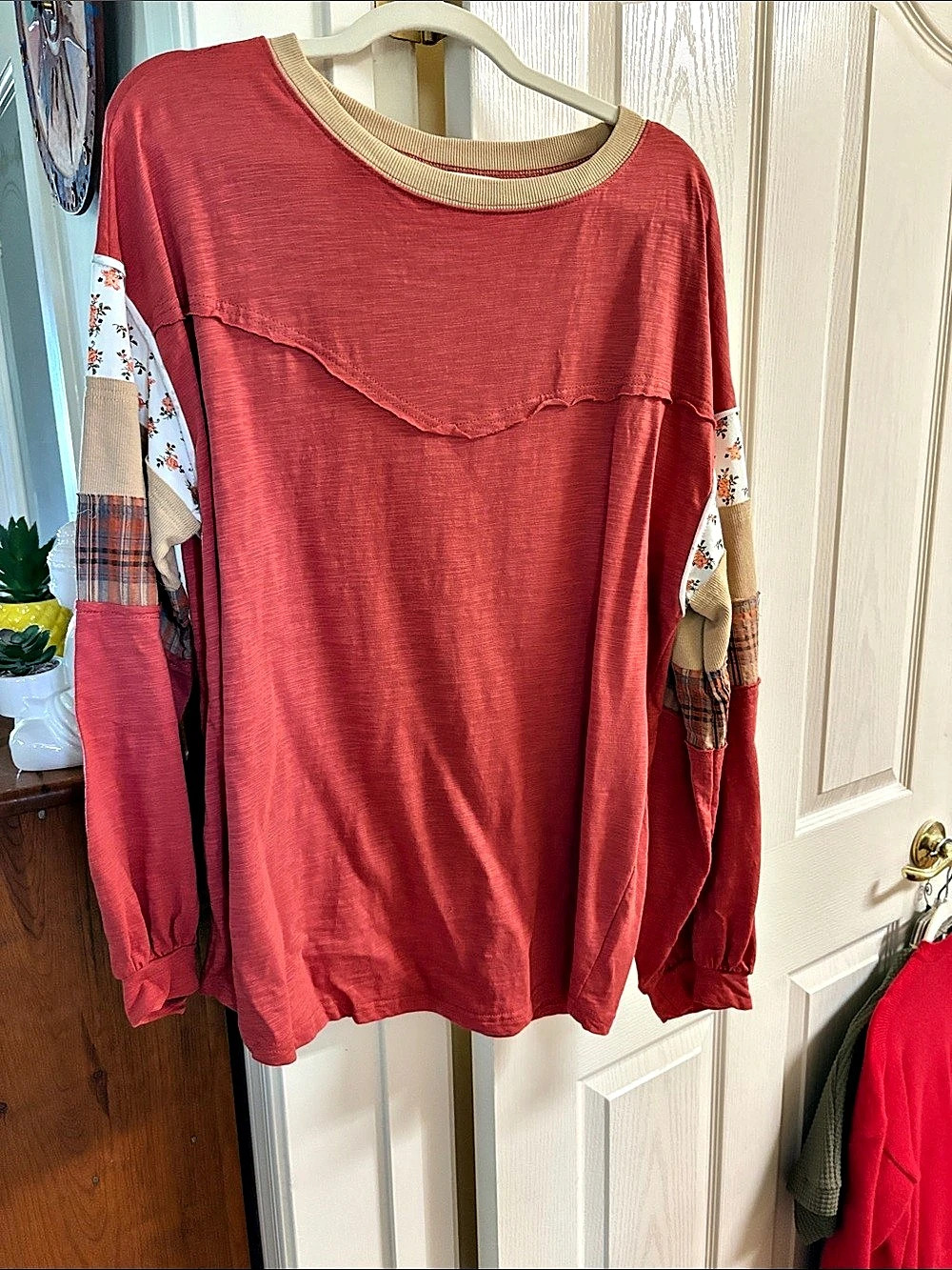 Free People We The Free Blossom Thermal Top Red & Tan Large